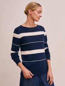 Celtic & Co. Boat Neck Stripe Pure Wool Jumper, Navy/Ecru, Navy/Ecru