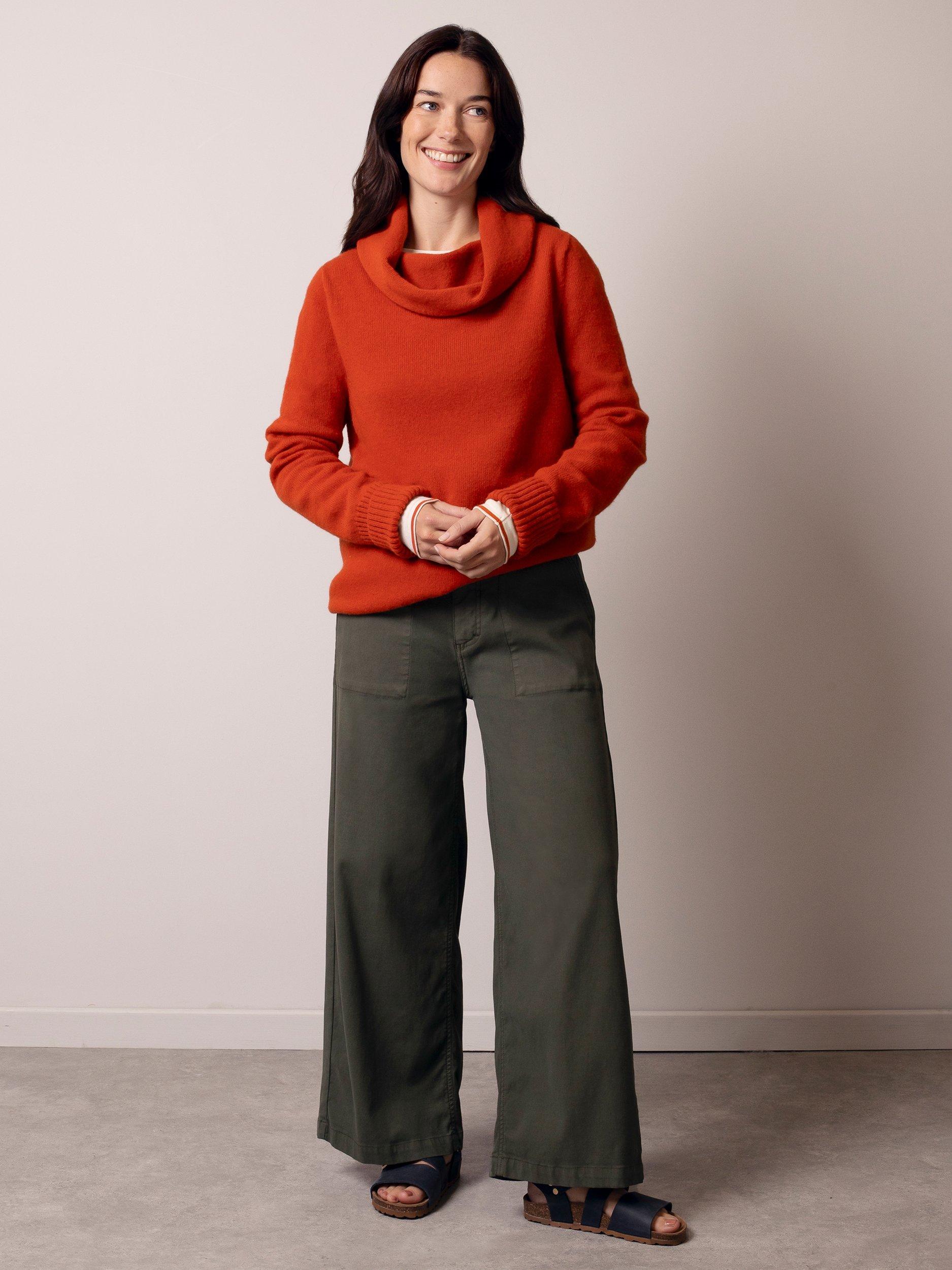 Product image 2 of 9, which shows Celtic & Co. Slouch Cowl Neck Pure Wool Jumper, Orange, XS