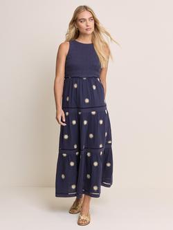 Nobody's Child Elizabeth Scarlett Calloway Embroidered Organic Cotton Midi Dress, Navy, Navy