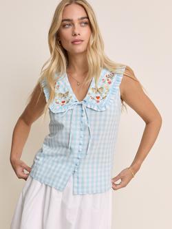 Nobody's Child Elizabeth Scarlett Birdie Sleeveless Embroidered Gingham Blouse, Light Blue - view 2, Light Blue