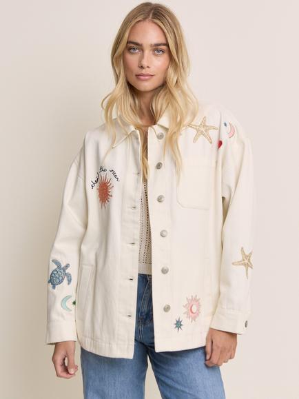 Nobody's Child Elizabeth Scarlett Embroidered Denim Shacket, Cream/Multi, Cream/Multi