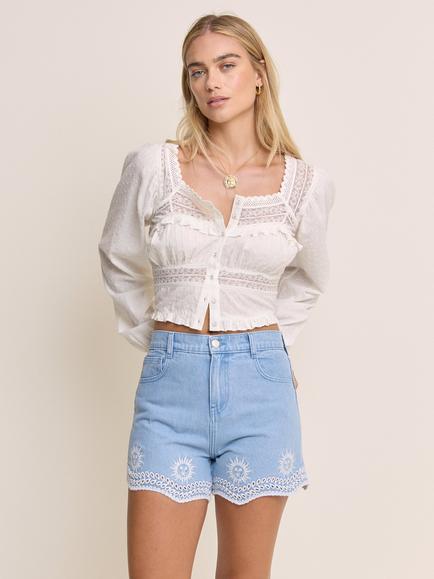 Nobody's Child Elizabeth Scarlett Cotton Denim Embroidered Scalloped Shorts, Light Blue - view 2, Light Blue