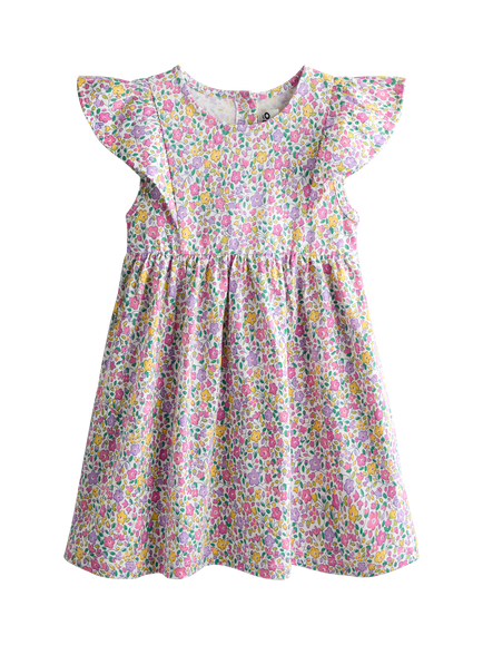 JoJo Maman Bébé Kids' Ruffle Sleeve Ditsy Floral Dress, Mid Pink, Mid Pink
