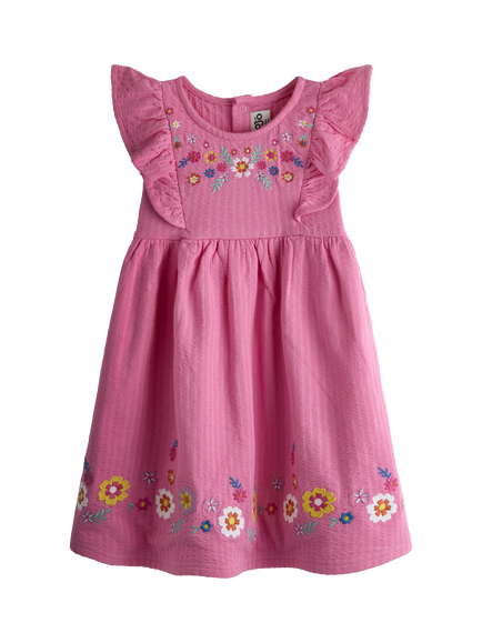 JoJo Maman Bébé Kids' Seersucker Embroidered Frill Sleeve Dress, Mid Pink, Mid Pink