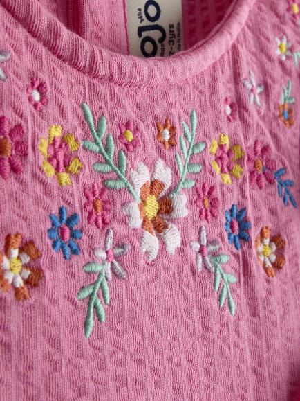 JoJo Maman Bébé Kids' Seersucker Embroidered Frill Sleeve Dress, Mid Pink - view 2, Mid Pink
