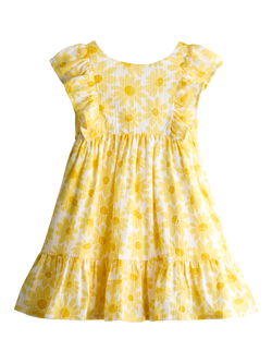 JoJo Maman Bébé Kids' V-Back Sunflower Print Frill Dress, Bright Yellow, Bright Yellow