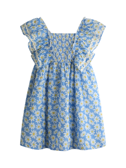 JoJo Maman Bébé Kids' Daisy Print Frill Shoulder Smocked Dress, Mid Blue, Mid Blue
