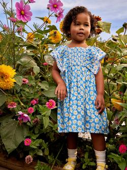 JoJo Maman Bébé Kids' Daisy Print Frill Shoulder Smocked Dress, Mid Blue - view 2, Mid Blue