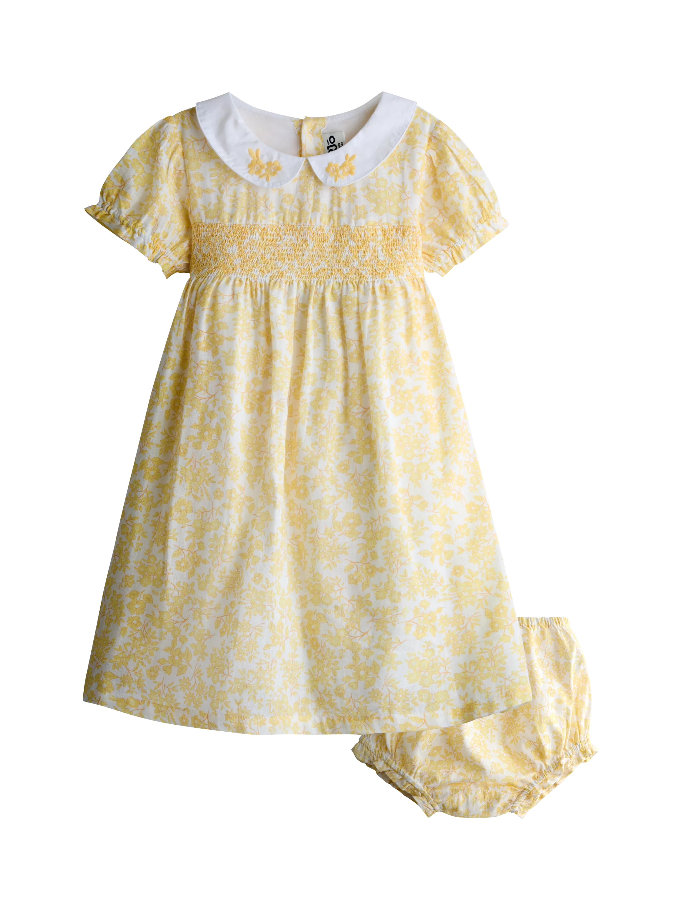 JoJo Maman Bébé Kids' Garden Floral Smocked Woven Dress, Light Yellow