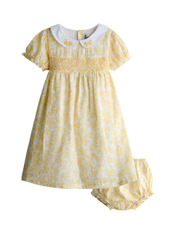 JoJo Maman Bébé Kids' Garden Floral Smocked Woven Dress, Light Yellow, Light Yellow