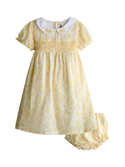 JoJo Maman Bébé Kids' Garden Floral Smocked Woven Dress, Light Yellow, Light Yellow