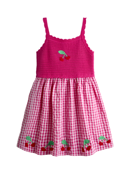 JoJo Maman Bébé Kids' Cherry Crochet & Cheesecloth Summer Dress, Mid Pink, Mid Pink