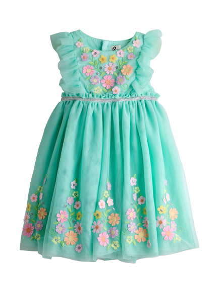 JoJo Maman Bébé Kids' Ruffle Front Embroidered Tulle Party Dress, Lighthouse, Lighthouse