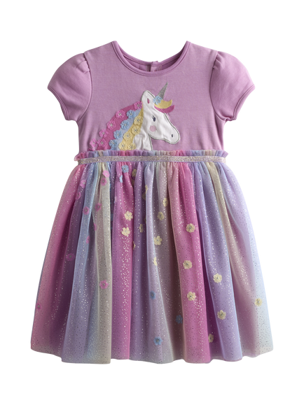 JoJo Maman Bébé Kids' Unicorn Appliqué Tulle Party Dress, Lilac, Lilac