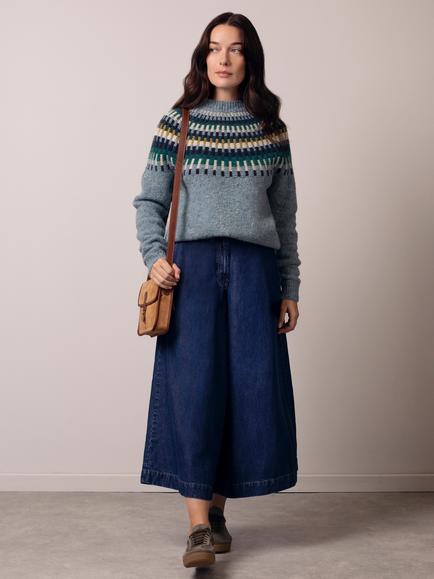 Celtic & Co. Stitch Yoke Pure Donegal Wool Jumper, Light Blue/Multi, Light Blue/Multi