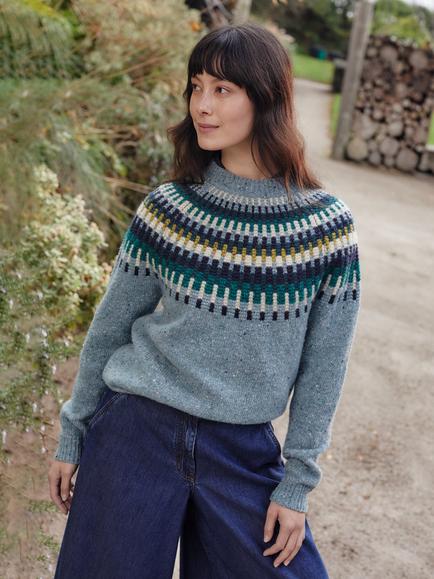 Celtic & Co. Stitch Yoke Pure Donegal Wool Jumper, Light Blue/Multi - view 2, Light Blue/Multi