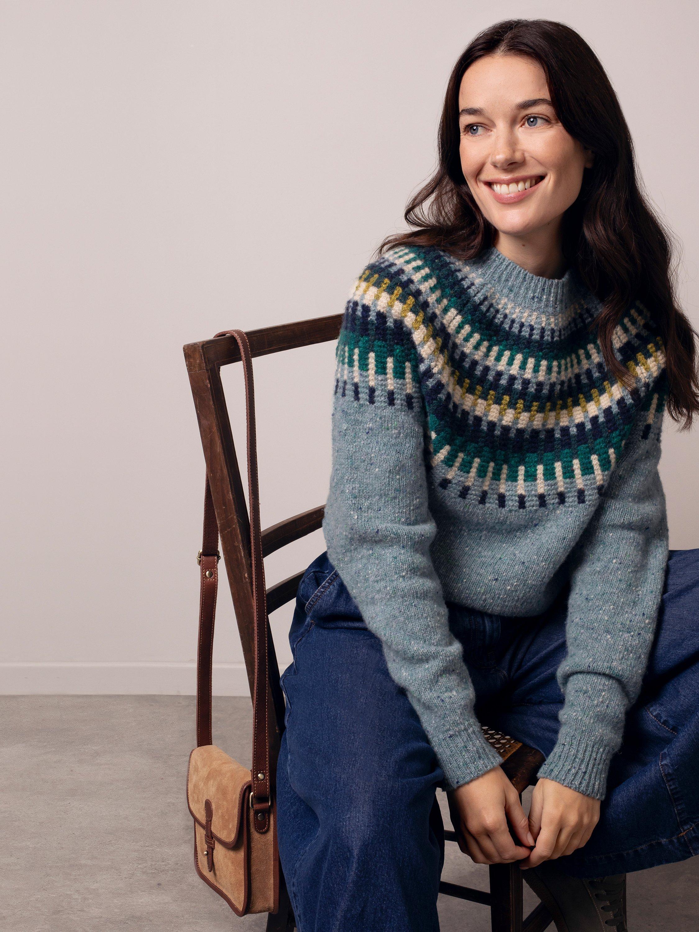 Product image 3 of 8, which shows Celtic & Co. Stitch Yoke Pure Donegal Wool Jumper, Light Blue/Multi, XS