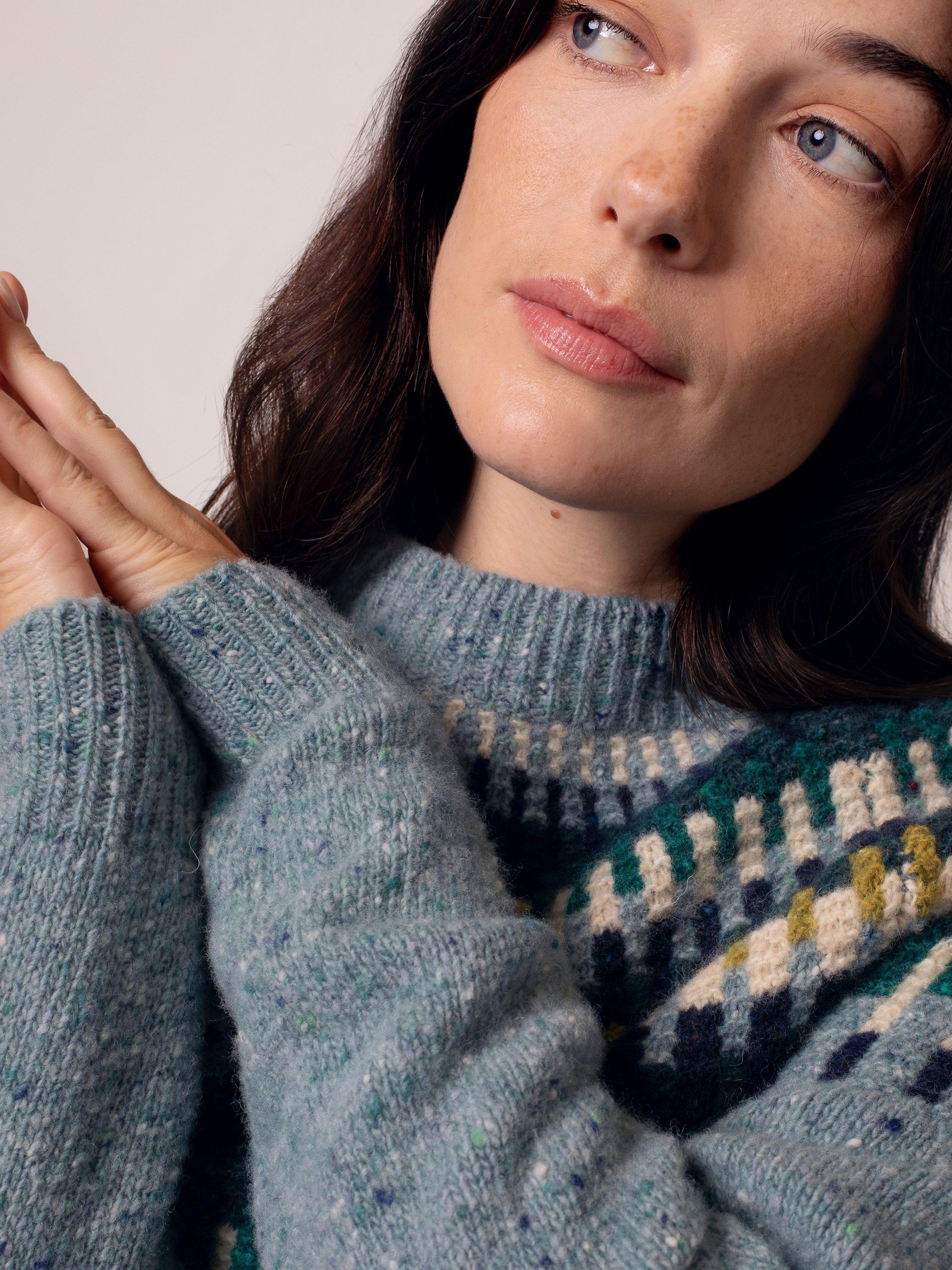 Product image 4 of 8, which shows Celtic & Co. Stitch Yoke Pure Donegal Wool Jumper, Light Blue/Multi, XS