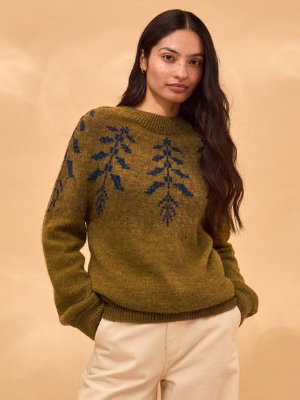 Celtic & Co. Botanical Leaf Jacquard Pure Wool Jumper, Dark Ochre/Navy