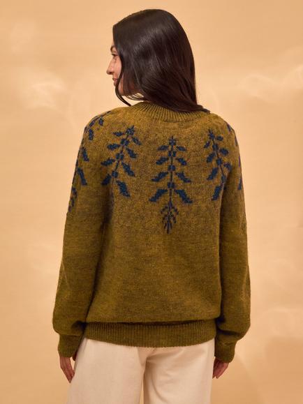 Celtic & Co. Botanical Leaf Jacquard Pure Wool Jumper - view 2, Dark Ochre/Navy