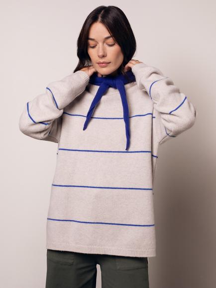 Celtic & Co. Split Hem Stripe Pure Wool Jumper, Ecru Cobalt Stripe, Ecru Cobalt Stripe