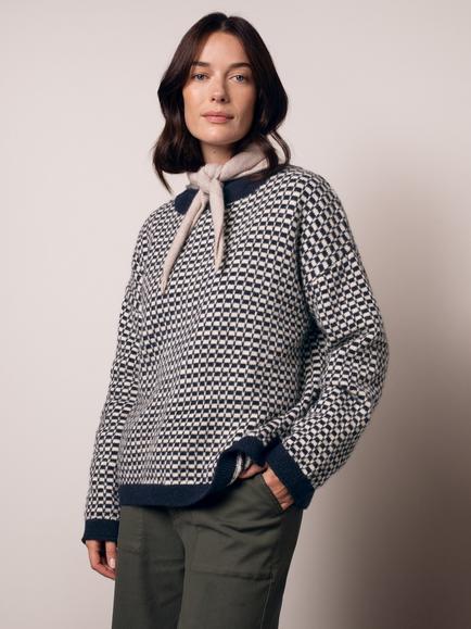 Celtic & Co. Micro Check Funnel Neck Wool Rich Jumper, Navy/Ecru, Navy/Ecru