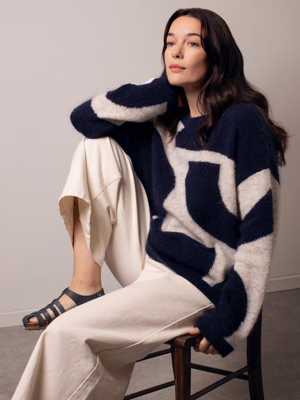 Celtic & Co. Abstract Geometric Wool Rich Jumper, Navy/Oatmeal, Navy/Oatmeal