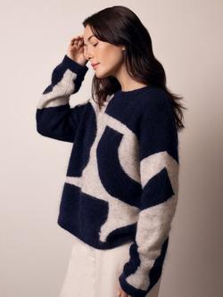 Celtic & Co. Abstract Geometric Wool Rich Jumper, Navy/Oatmeal - view 2, Navy/Oatmeal