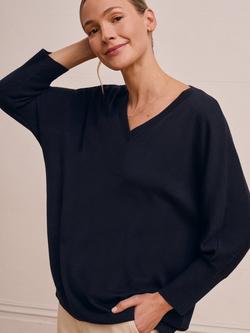 Celtic & Co. Slouchy V-Neck Pure Wool Jumper, Navy - view 2, Navy