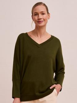 Celtic & Co. Slouchy V-Neck Pure Wool Jumper, Olive, Olive