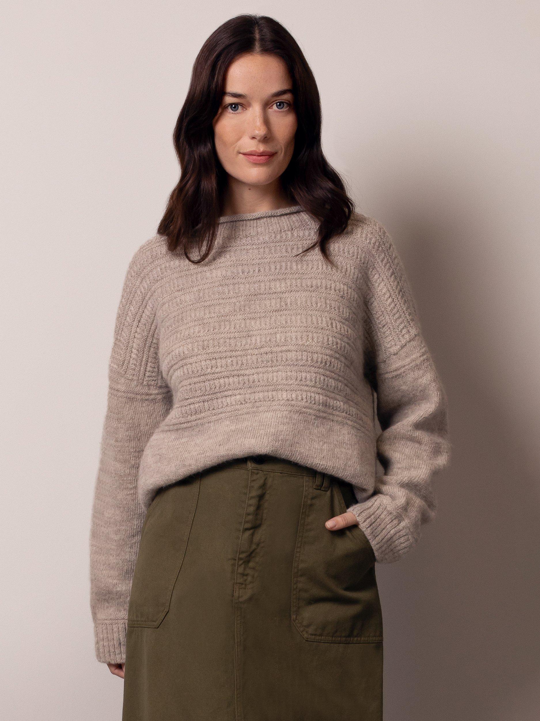 Product image 1 of 9, which shows Celtic & Co. Heritage Gansey Pure Wool Jumper, Taupe, XS