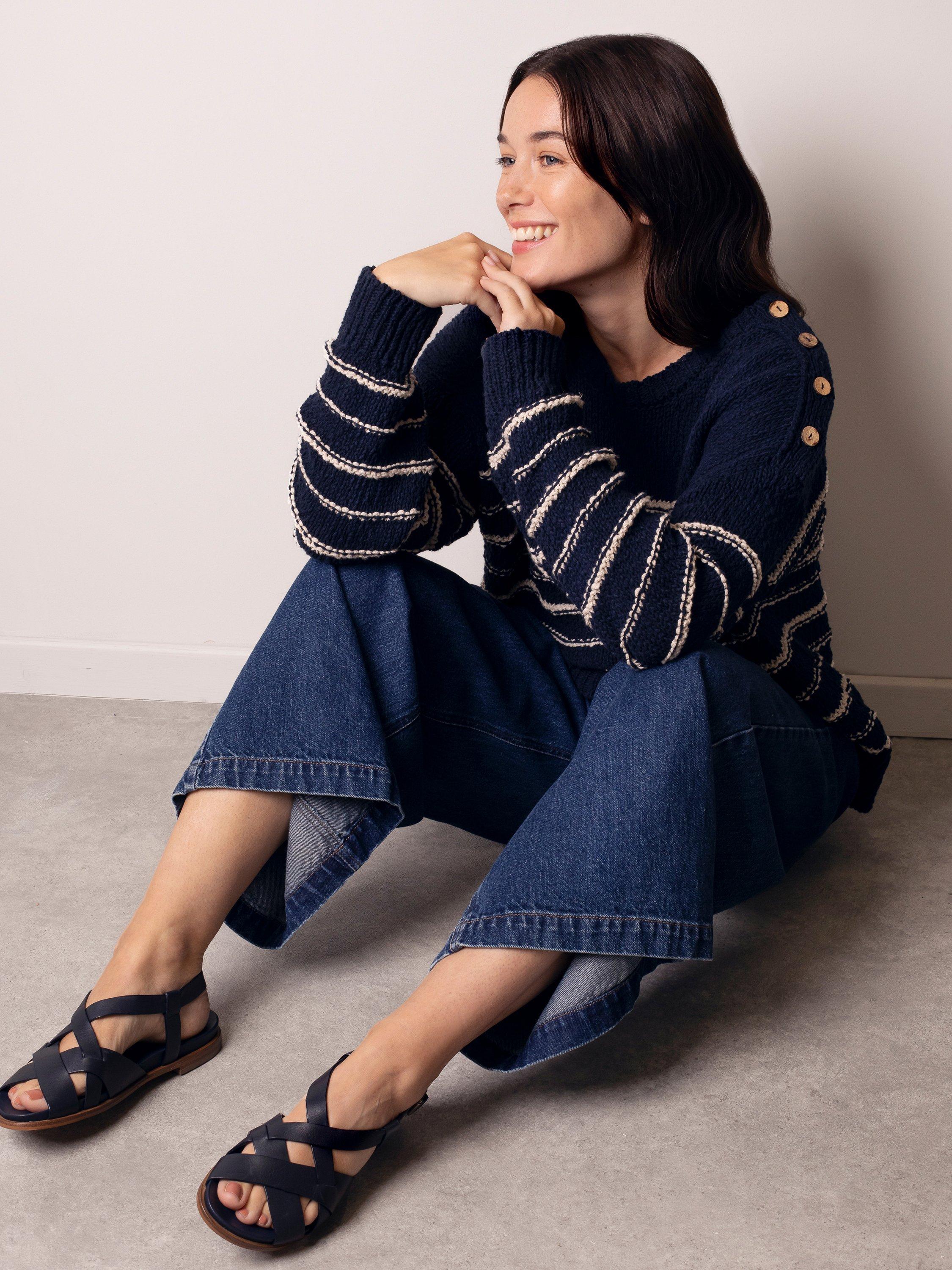 Product image 3 of 6, which shows Celtic & Co. Breton Stripe Jumper, Navy/Ecru, XS