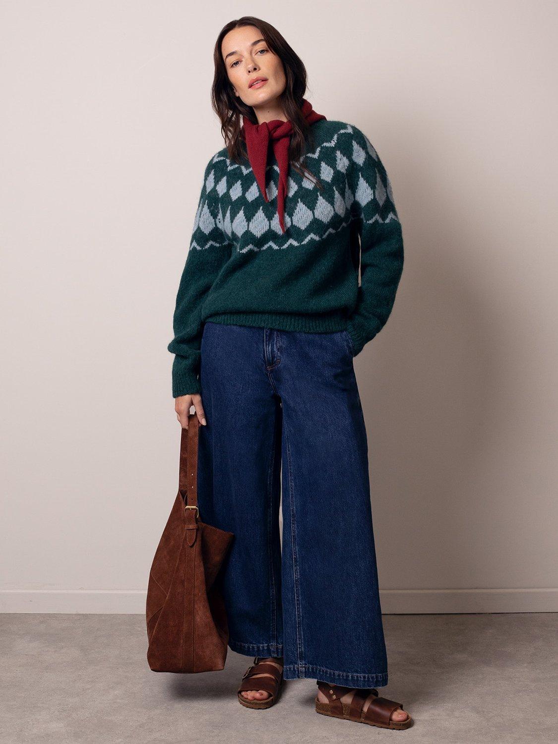 Product image 1 of 4, which shows Celtic & Co. Diamond Yoke Wool Rich Jumper, Green, XS