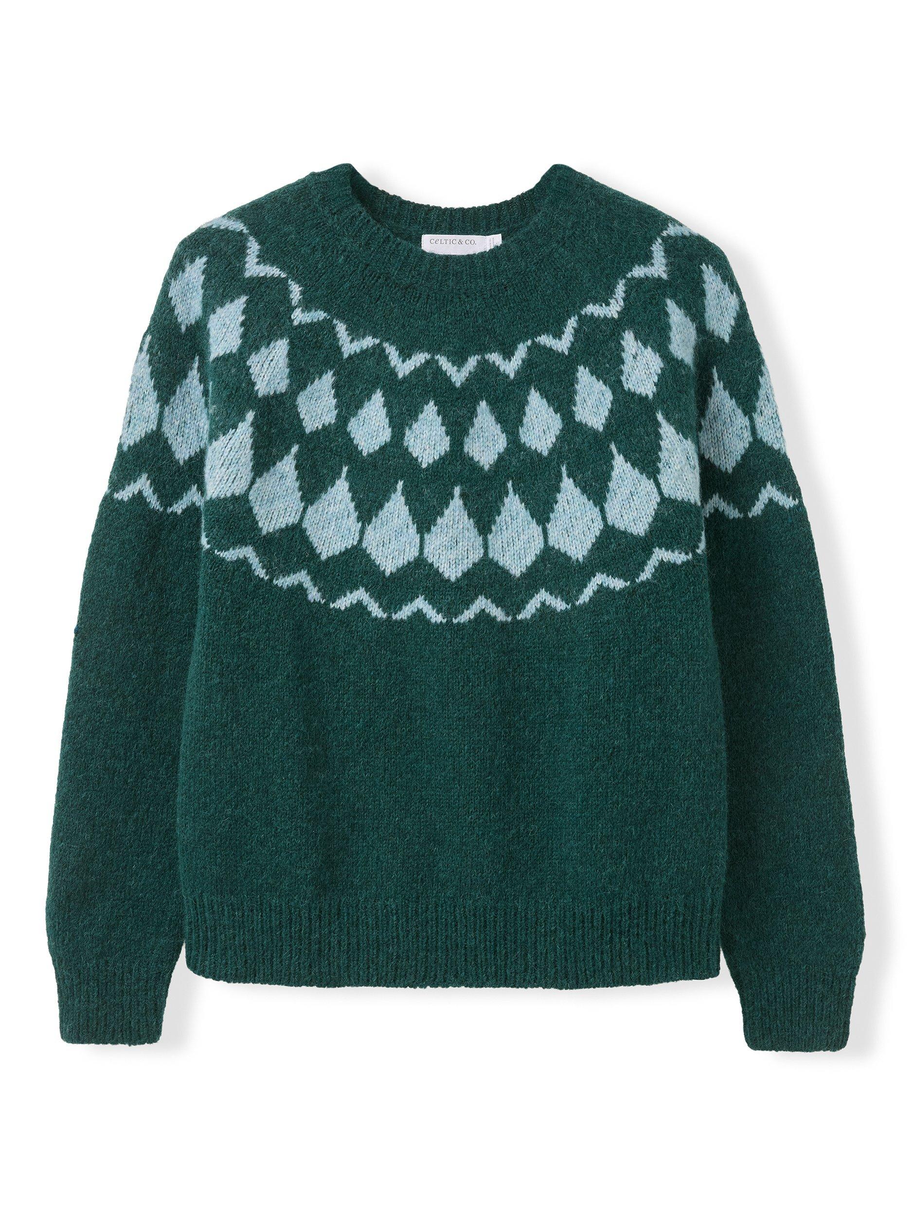 Product image 2 of 4, which shows Celtic & Co. Diamond Yoke Wool Rich Jumper, Green, XS