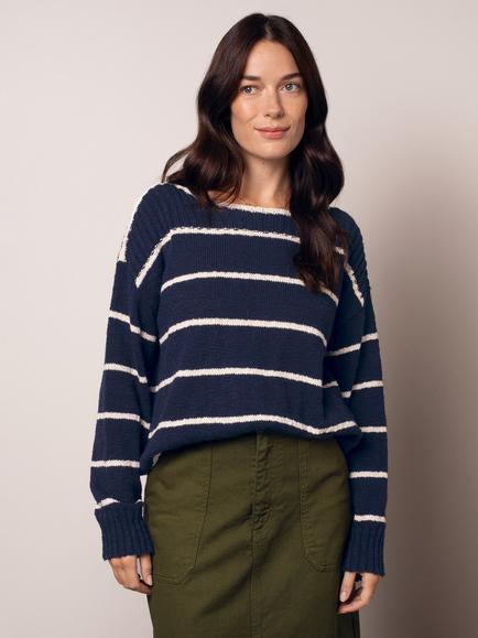 Celtic & Co. Boat Neck Stripe Cotton Blend Top, Navy/Ecru, Navy/Ecru