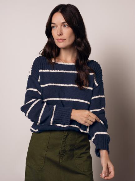Celtic & Co. Boat Neck Stripe Cotton Blend Top, Navy/Ecru - view 2, Navy/Ecru