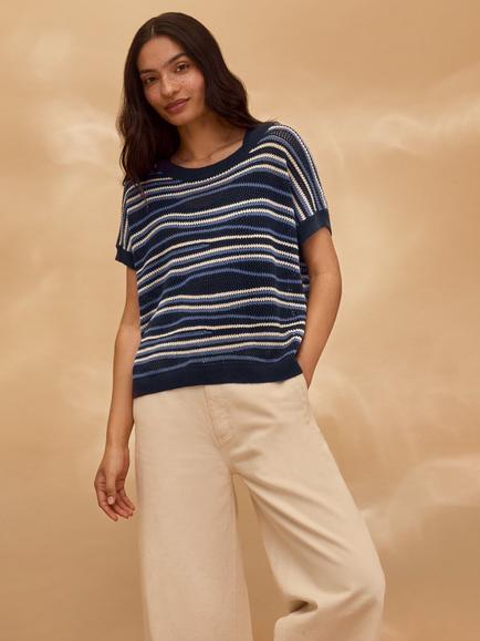 Celtic & Co. Landscape Stripe Boxy Top, Navy/Multi, Navy/Multi