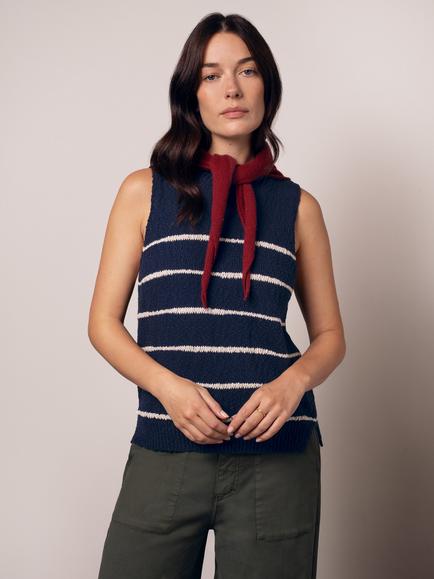 Celtic & Co. Linen Blend Stripe Vest Top, Navy/Ecru, Navy/Ecru