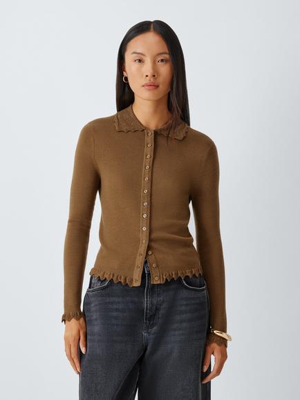 AND/OR Lace Detail Collar Cardigan, Khaki, Khaki
