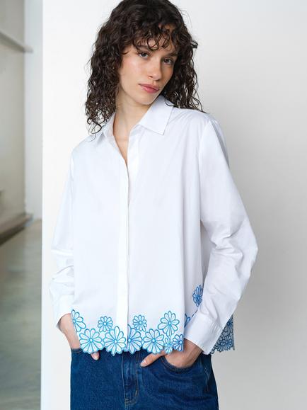 French Connection Cambria Floral Embroidered Shirt, Linen White, Linen White