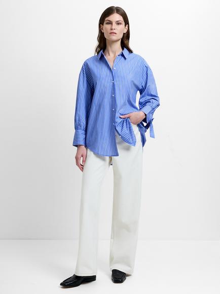 French Connection Cambria Stripe Bow Shirt, Azure Blue, Azure Blue