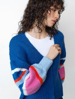 French Connection Monroe Stripe Sleeve Cardigan, Azure/Multi - view 2, Azure/Multi