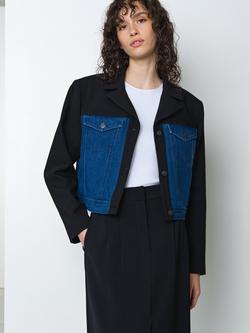 French Connection Kimberley Denim Mix Cropped Jacket, Black/Blue, Black/Blue
