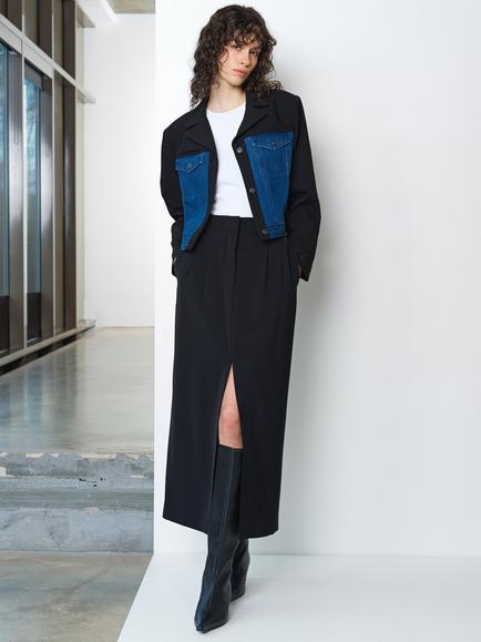 French Connection Kimberley Denim Mix Cropped Jacket, Black/Blue - view 2, Black/Blue