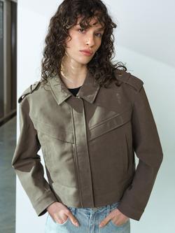 French Connection Larissa Faux Suede Bomber Jacket, Khaki, Khaki