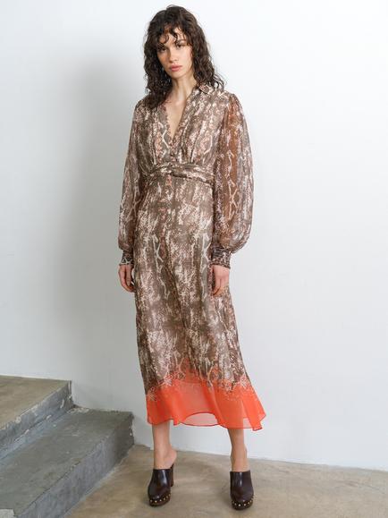 French Connection Adele Snake Chiffon Midi Dress, Neutral/Orange, Neutral/Orange