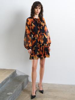 French Connection Hallie Ruffle Smock Dress, Orange/Black, Orange/Black