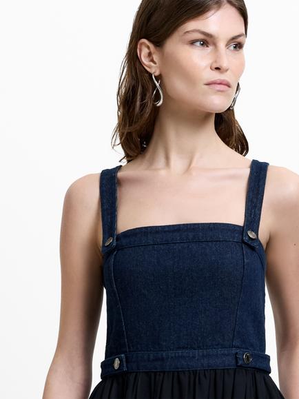French Connection Leighton Denim Mix Midi Dress, Black/Blue - view 2, Black/Blue