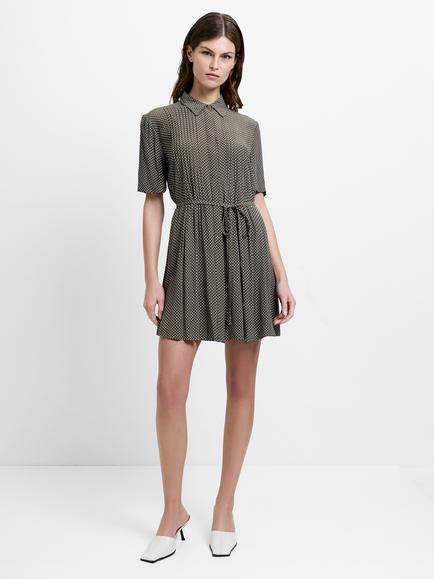 French Connection Lizzy Pin Spots Pleated Mini Dress containing LENZING™ ECOVERO™ Viscose, Khaki/White, Khaki/White