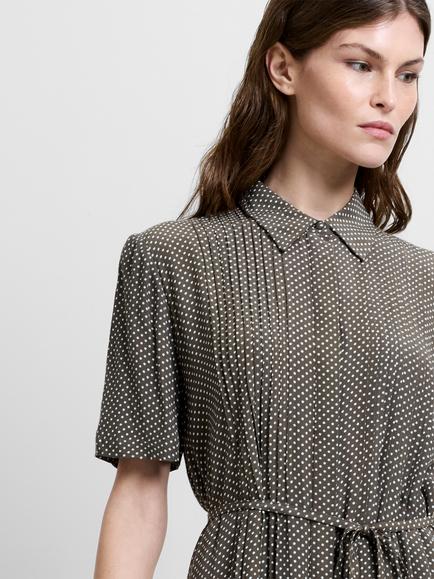 French Connection Lizzy Pin Spots Pleated Mini Dress containing LENZING™ ECOVERO™ Viscose, Khaki/White - view 2, Khaki/White